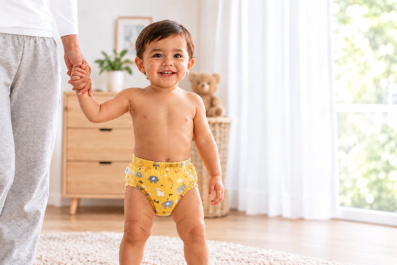 Enfant souriant qui porte une culotte d'apprentissage Petit Pas jaune, tenant la main d'un parent