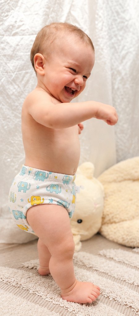 Bébé qui rit debout, en culotte d'apprentissage à motif éléphants
