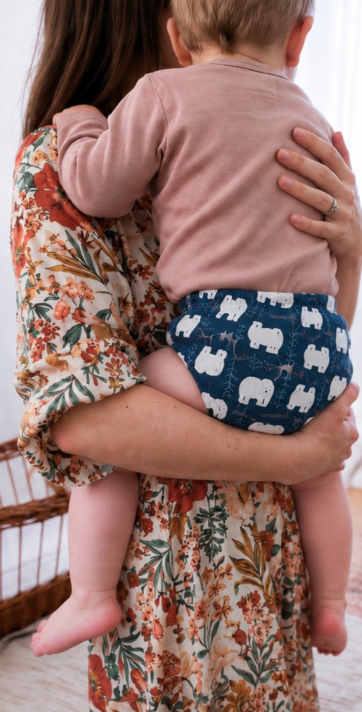Enfant porté par sa maman, en culotte d'apprentissage bleue à ours polaires