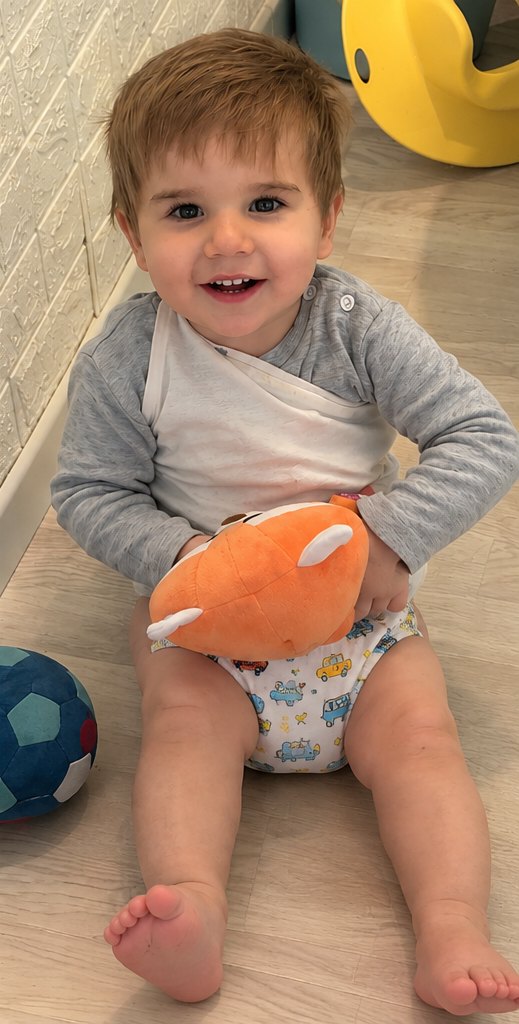 Petit garçon souriant assis par terre avec sa peluche, en culotte d'apprentissage
